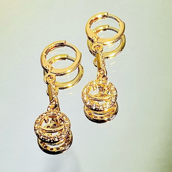 18K Gold Filled Smile Hoop Dangle Drop Earring Clear Cubic Zircon CZ Smiley - Picture 8 of 14